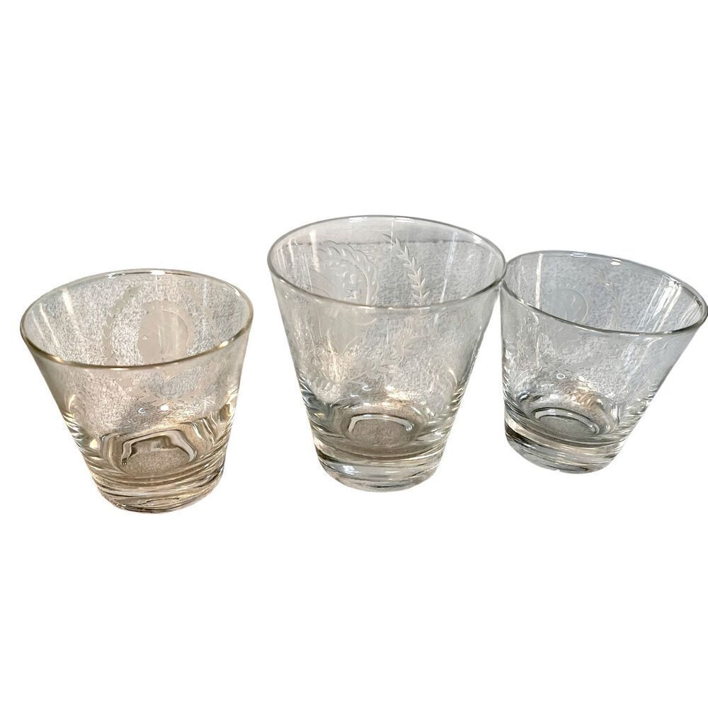 VTG Set of 3 TROJAN /ROMAN CENTURION LAUREL WREATH ETCHED LOW BALL / ROCKS GLASS